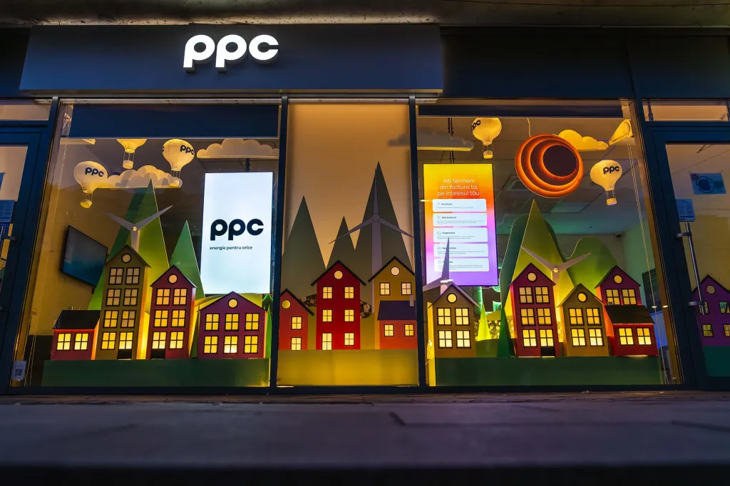 Vitrina magazinului PPC Craiova cu decor tematic de energie verde: căsuțe colorate și turbine eoliene