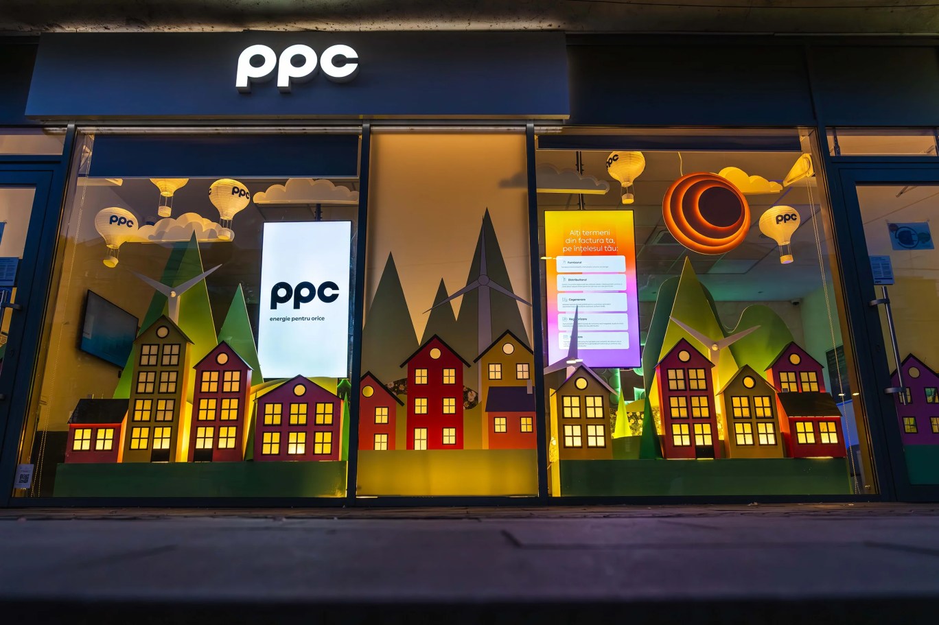 Vitrina magazinului PPC Craiova cu decor tematic de energie verde: căsuțe colorate și turbine eoliene